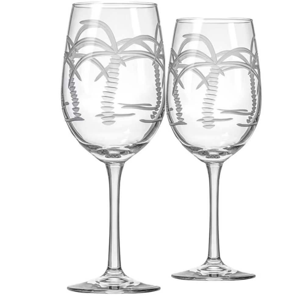 Rolf Glass Etched Palm Tree Wine Glasses Set of 2 – 8" Tall